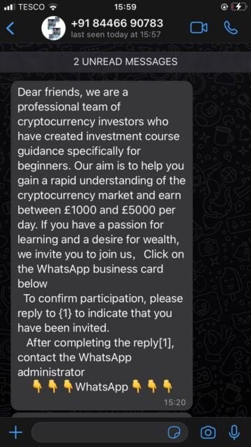 WhatsApp crypto scam received by Tech.co writer