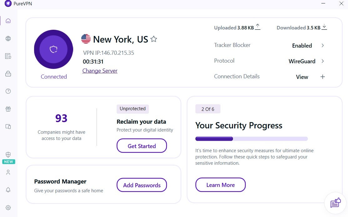 PureVPN while connected to the VPN. Image: tech.co
