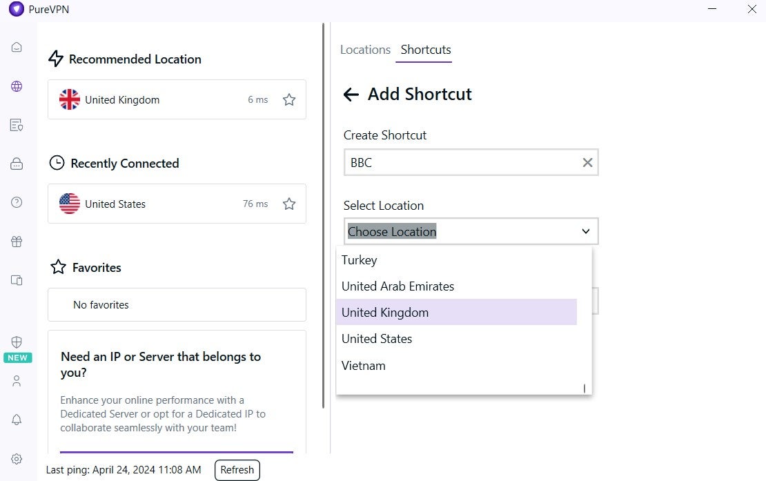 PureVPN shortcuts function for streaming. Image: Tech.co
