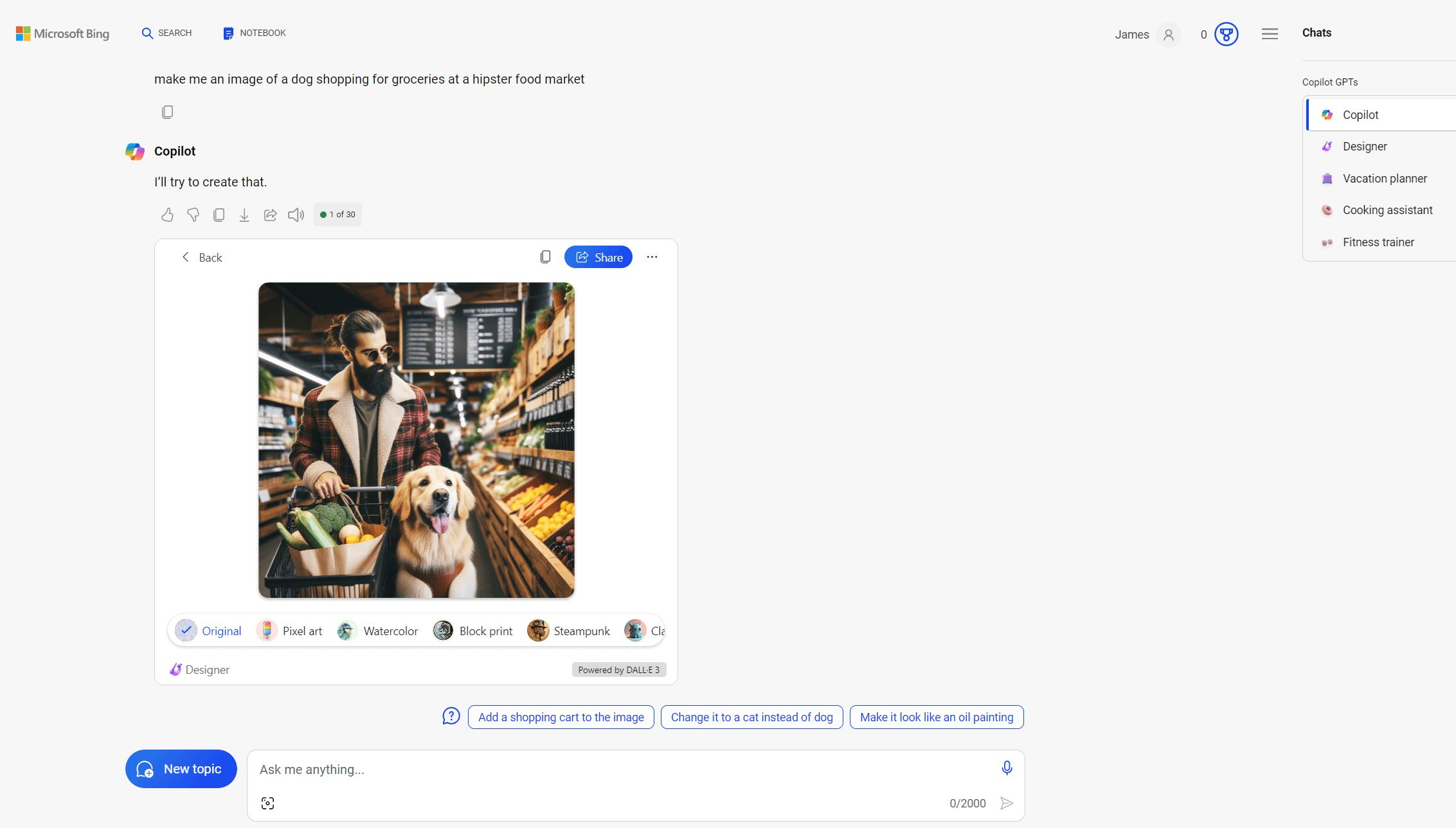 Screenshot of Copilot used through Bing showing free DALL-E 3 image generation and GPT-4 features