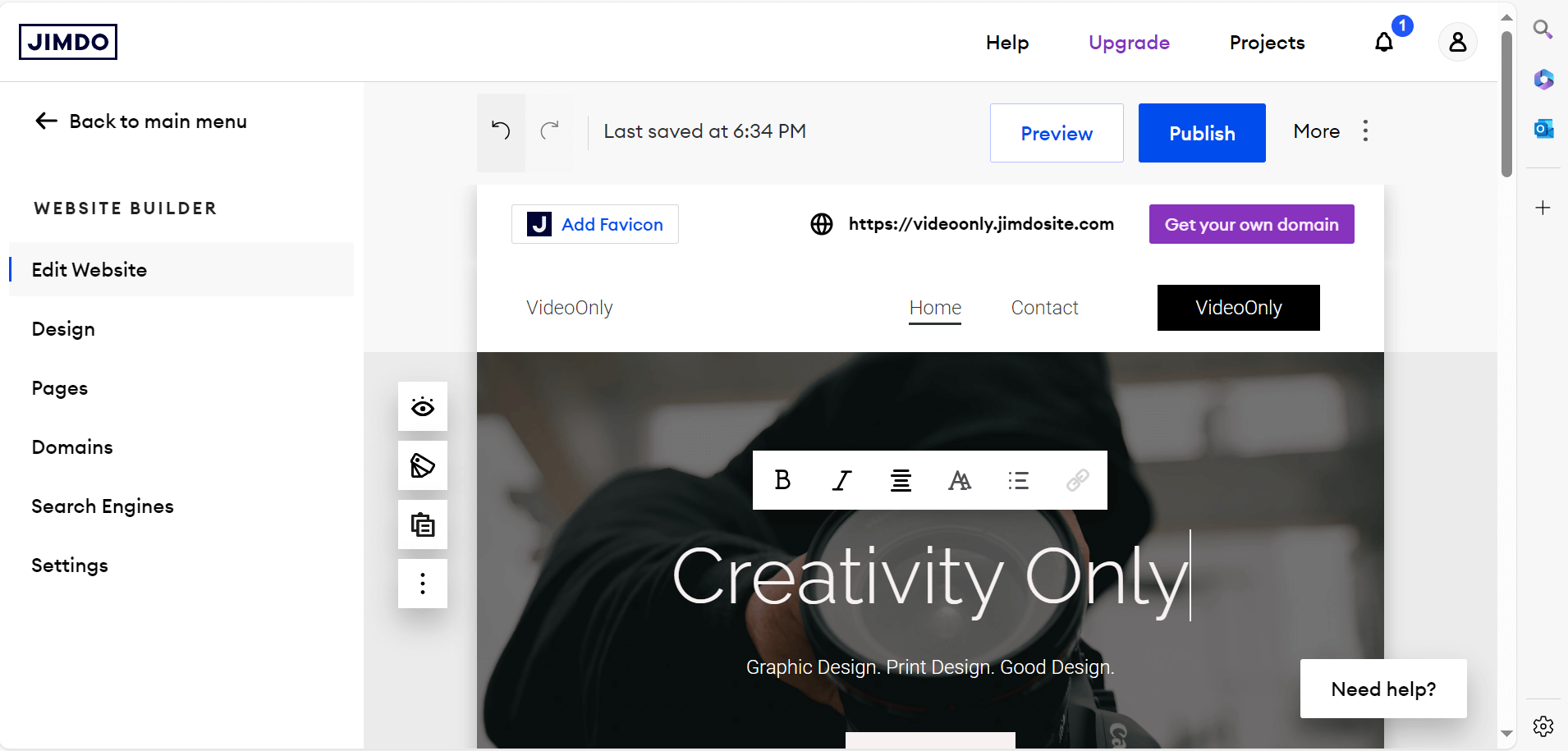 The Jimdo website editor lets users create their own website with a simple, blocky interface. Source: Tech.co
