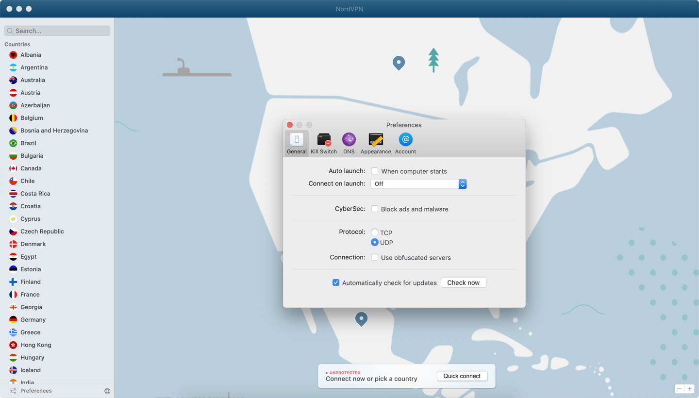 MacOS NordVPN Settings Page Screenshot