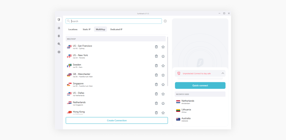 The interface of the Surfshark VPN app feautring options to connect to different server locations.