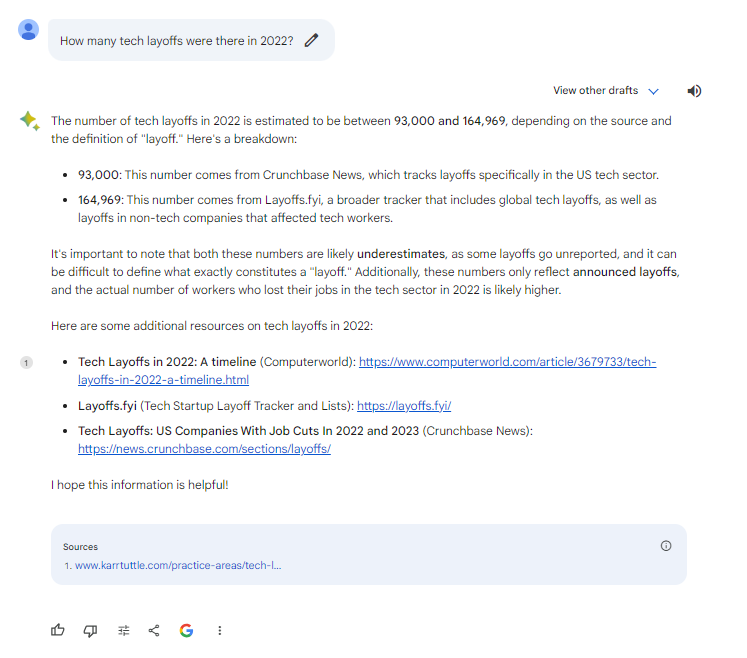 Tech Layoffs Bard Test information retrieval